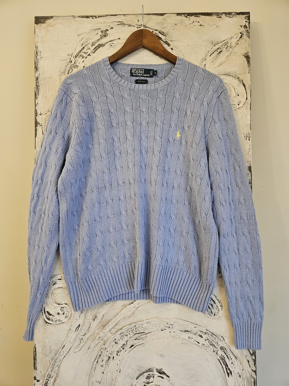 100% Silk Ralph Lauren Light Blue Cable-Knit Crewneck Sweater with Yellow Pony